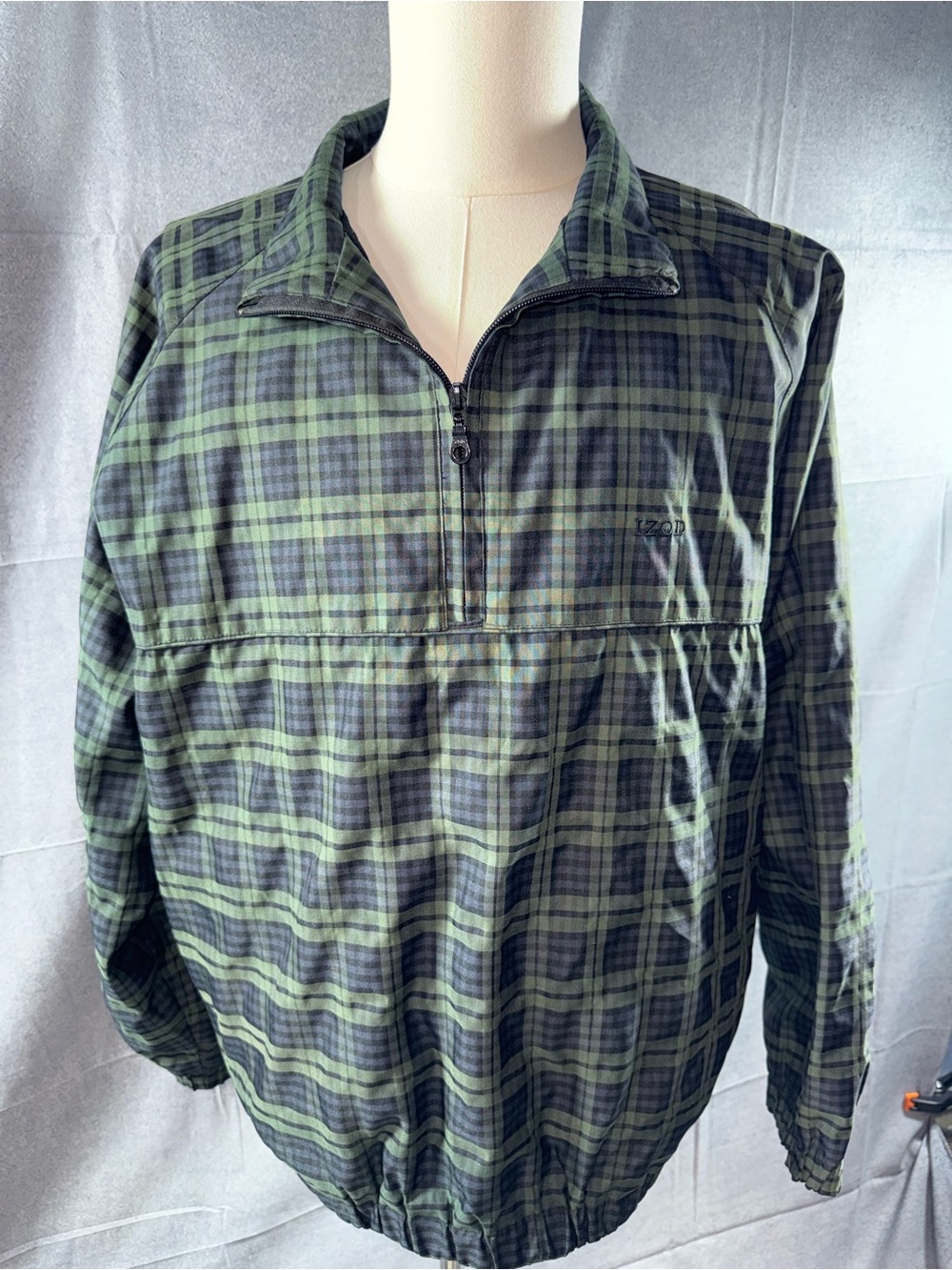 2937-Izod Green and Black Plaid Lightweight Quarter-Zip Shirt Jacket